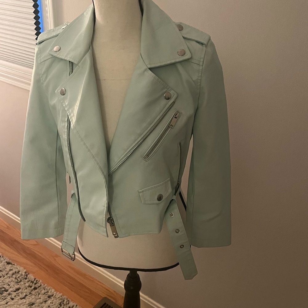 Forever 21 Green Leather Jacket Cropped Tailored